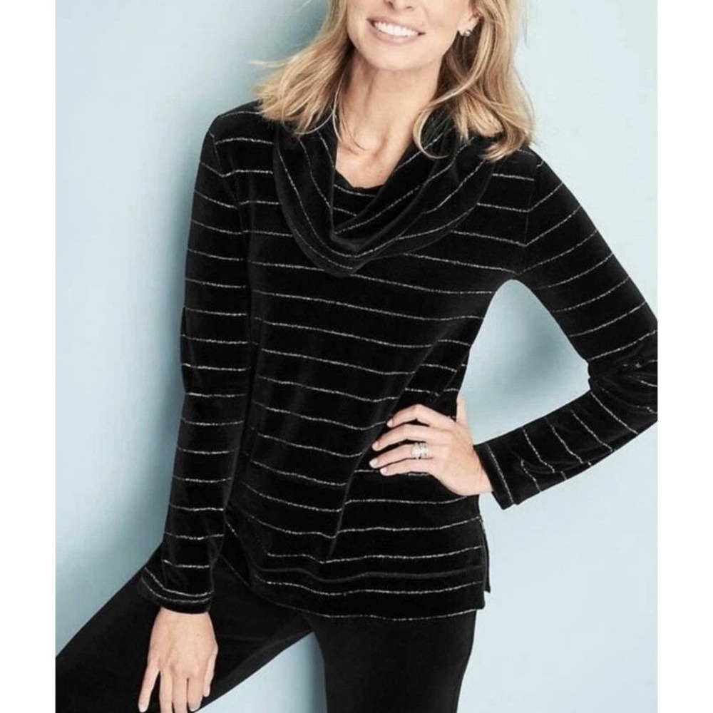 Talbots Women's Black Metallic Silver Stripe Cowl Neck Velour Top‎ Size LP